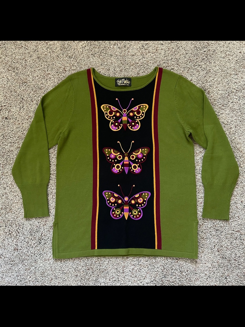 Bob Mackie wearable art Green Butterfly-Panel Sweater